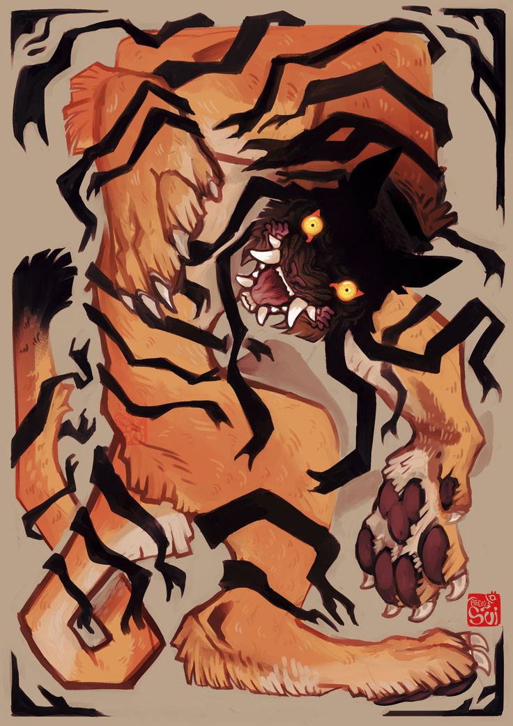 the image depicts a horrifying beast with sharp claws and fangs, surrounded by dark, shadowy tendrils. its eyes are glowing with a sinister light, and its mouth is open in a fierce snarl, revealing rows of jagged teeth. the creature’s overall appearance evokes a sense of primal ferocity and danger.  the shadows seem to be reaching out and encompassing the beast, further emphasizing its monstrous nature.  the image appears to be inspired by fantasy and mythology, suggesting a creature from a realm beyond our own.