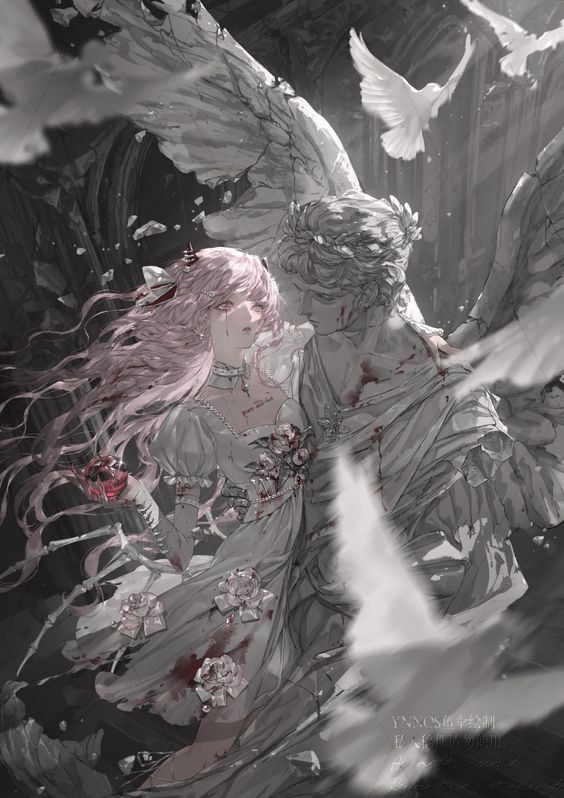 the image depicts a dramatic scene of a battle between an angel and a demon, locked in a loving embrace as they both succumb to fatal wounds. the setting appears to be a crumbling cathedral, with light pouring in from above and illuminating the tragedy. the color palette is largely monochromatic, with splashes of red highlighting the blood and the demon's heart.