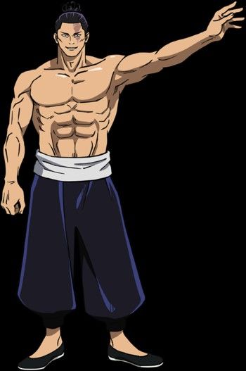 a very muscular asian man in fighting attire. he is shirtless, with his hair tied back in a top knot, and he is wearing loose, black pants and a white cloth belt. he appears to be a martial arts fighter of some kind.  he is posing dynamically with his arm outstretched.