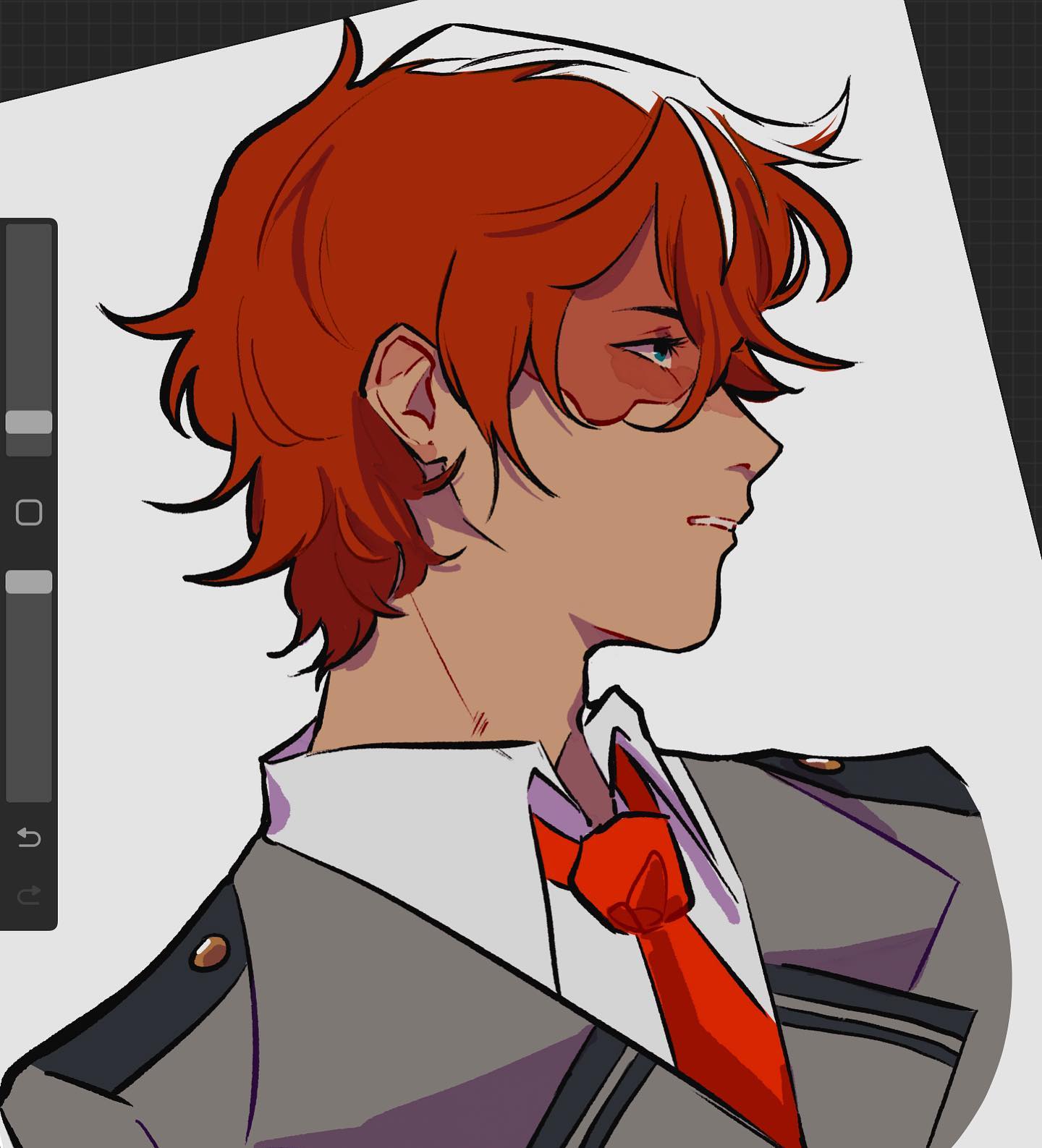 the image is a digital drawing or painting of a male anime character, strongly reminiscent of shoto todoroki from my hero academia.  he's depicted from the shoulders up in profile view, facing to the right of the frame. his hair is a striking mix of red and white, and he wears an eyepatch over his left eye.  he's dressed in a grey blazer and white shirt with a red tie, typical of a school uniform. the art style is clean and sharp, with a focus on welldefined lines and vibrant colors. the background is a simple offwhite canvas with a suggestion of a digital art program's interface visible in the bottom left corner.  the overall impression is one of stylish and detailed fan art.