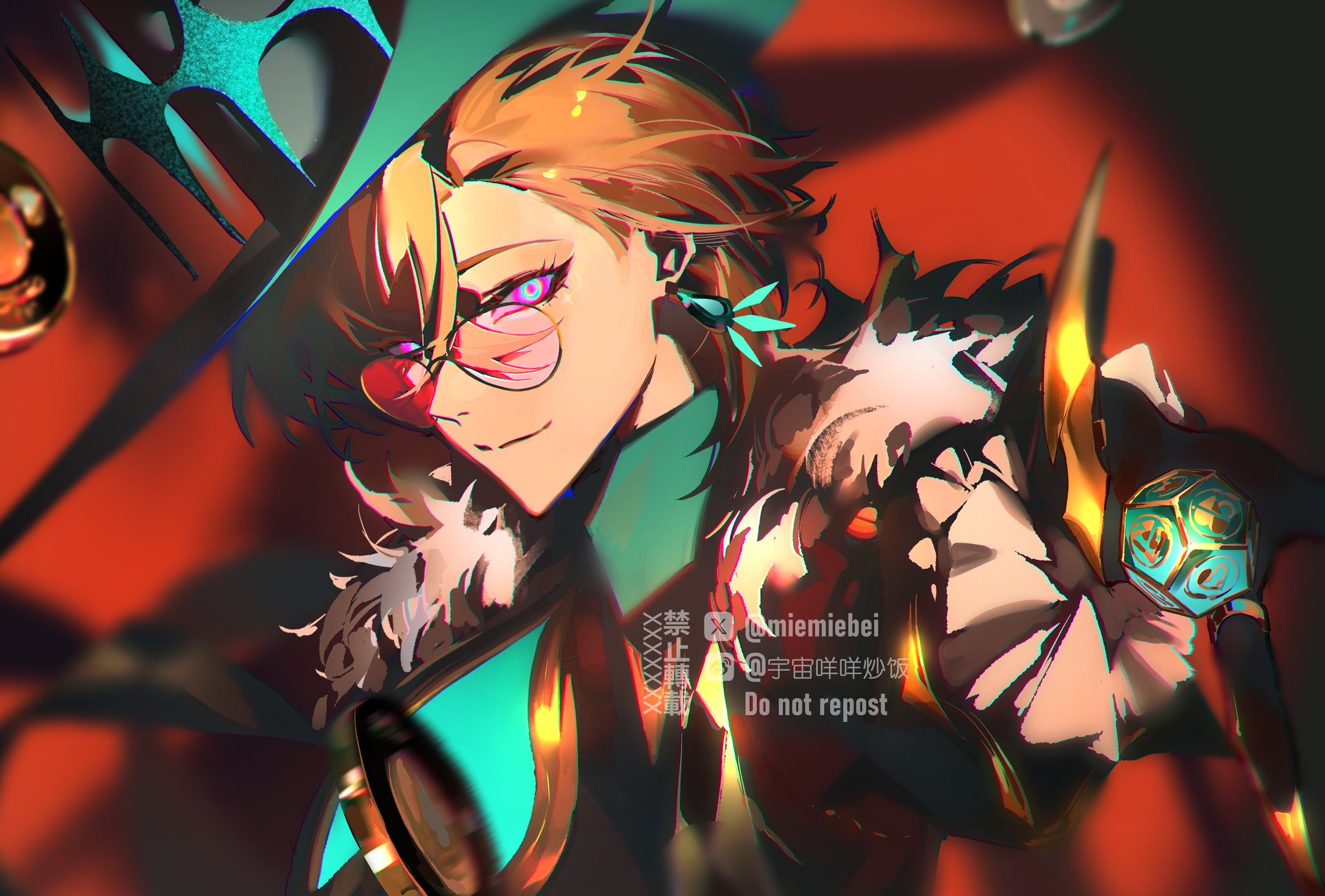 this is an anime artwork depicting a male character in a green hat and glasses, wearing a furry collar, and holding a golden staff. the character is looking at the viewer with a serious expression. the background is a vibrant red and orange, adding to the dynamic and vibrant nature of the artwork.