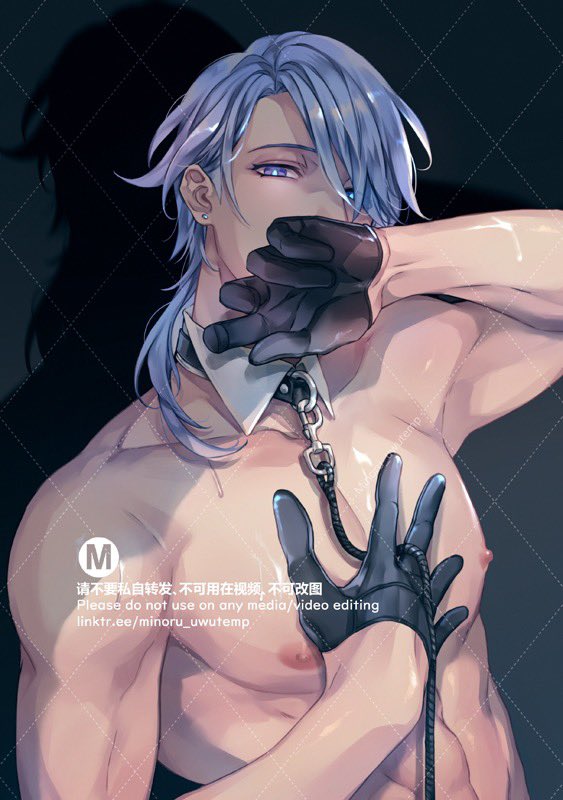 a closeup portrait of an anime character. the character is a man with long, white hair and blue eyes.  he is wearing a white collar and black gloves and is holding a chain attached to the collar. he is looking off to the side, and has a  serious expression on his face.