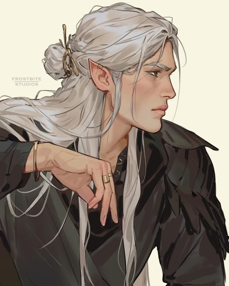 the image is a digital illustration of a male elf character with long, flowing silver hair. some of the hair is styled into a bun at the back of the head and held in place with a gold hair clip. the elf is depicted in a side profile, revealing pointed ears adorned with a gold earring. the elf wears a dark, possibly black, outfit that appears to have feathery details on the shoulder. the character is also adorned with gold jewelry, including a ring on their finger and a bracelet on their wrist. the style is reminiscent of fantasy art.