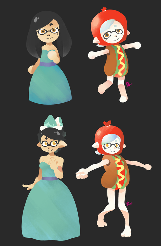 the image depicts a cartoon illustration of four inkling girls. the girls are drawn in a cute, colorful style. two of the girls are wearing elegant dresses, while the other two are wearing hot dog costumes. the girl on the top left is wearing a light blue dress, the one on the bottom left is wearing a turquoise dress, the one on the top right is wearing a hot dog costume with a red bun and the bottom right is wearing a hot dog costume with a red bun.  all four girls are standing in a relaxed pose. the background is a simple black.