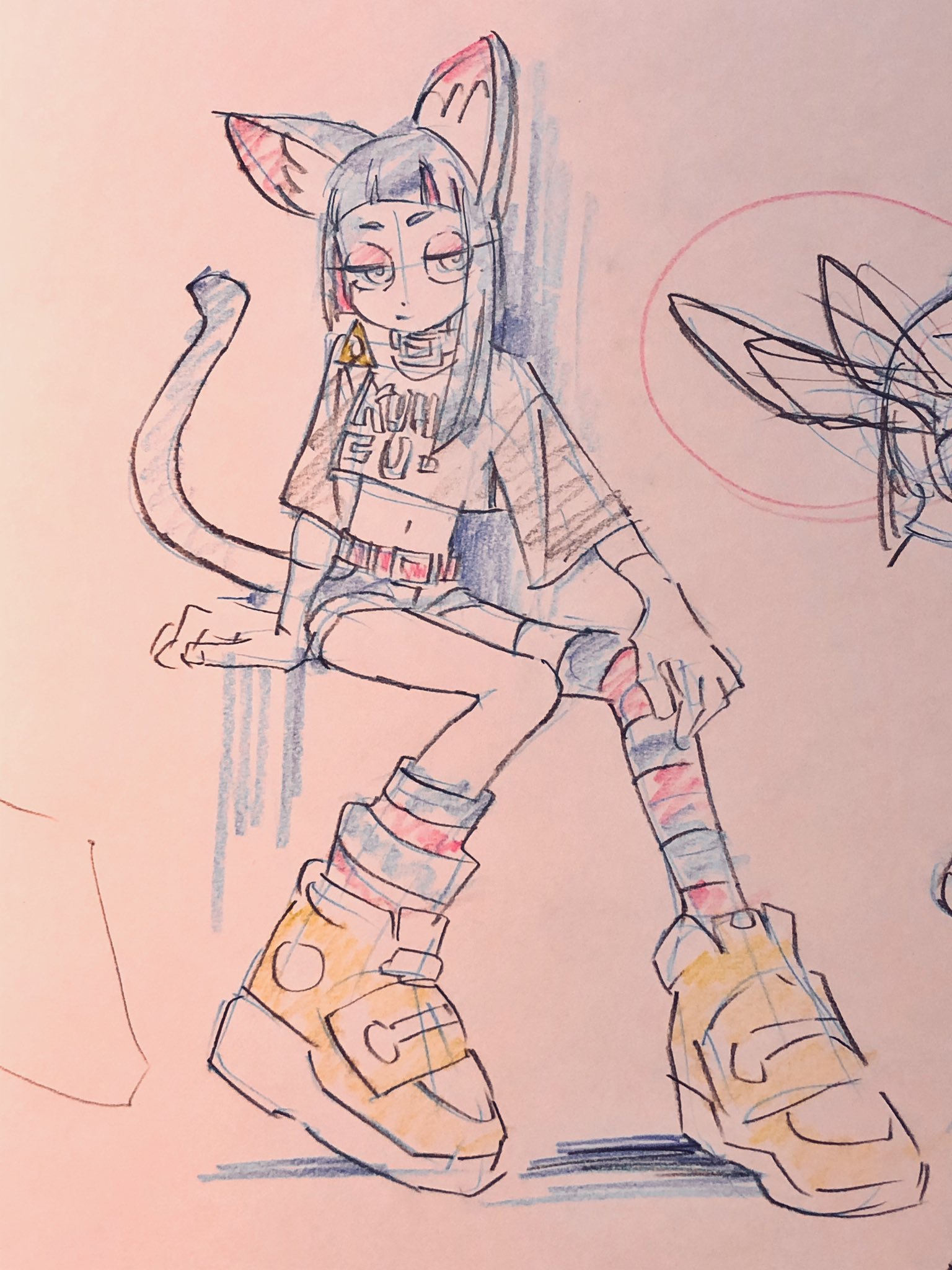 the image is a sketch of a catgirl wearing streetwear. she is sitting with her left leg extended and her right leg bent, resting her arm on it. she has long black hair with bangs, cat ears, a tail, and is wearing a black crop top, denim shorts, striped kneehigh socks, and chunky sneakers. the drawing style is reminiscent of anime and manga and has a loose and expressive quality.