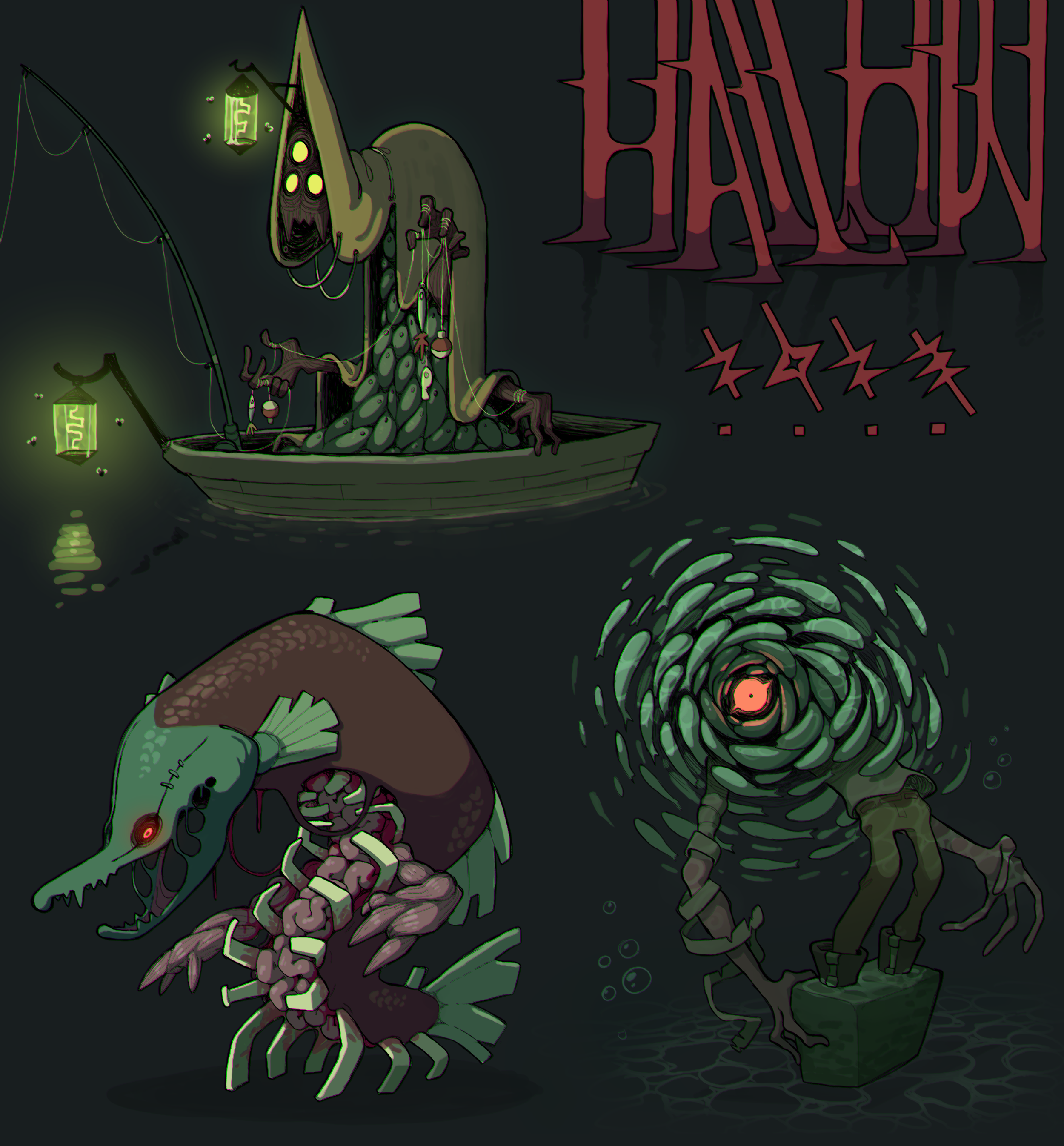 the image showcases three distinct halloweenthemed monster designs set against a murky, watery backdrop. the top monster, resembling a cloaked figure with a lantern, stands ominously in a small wooden boat. its body appears to be composed of seaweed or other aquatic vegetation, and it holds a fishing rod, the line disappearing into the dark water. the middle monster is a grotesque, mutated fish with exposed ribs and glowing red eyes. its body is stitched together in places, and multiple crablike legs protrude from its underside. the final monster, positioned in the lower right corner, emerges from a swirling vortex of green energy. its body is concealed within the vortex, with only its skeletal hands and feet visible, giving it an unsettling and ethereal presence.