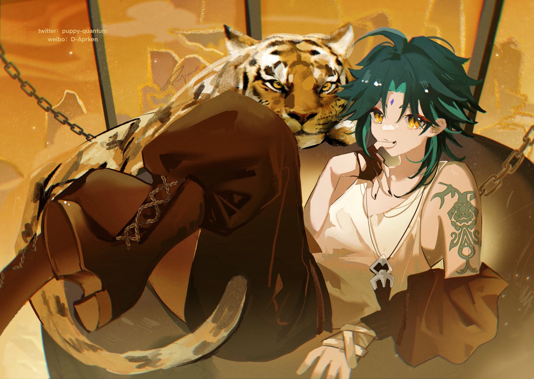 a digital painting of an anime woman with green hair and yellow eyes. she's wearing a white tank top and a brown leather jacket and has a tattoo on her arm. she is sitting in a chair with a tiger lying on top of her, and the background is a golden color. the art style is stylized and vibrant.