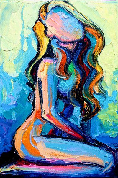 the painting depicts a woman in a nude pose. she is sitting with her back to the viewer, her head tilted back, and her long hair flowing down her back. the painting is done in an abstract expressionist style, with bold colors and brushstrokes. the woman's form is distorted and elongated, creating a sense of movement and energy. the colors are vibrant and dynamic, and the painting is full of emotion. the painting is both sensual and powerful, and it captures the beauty and mystery of the human form.