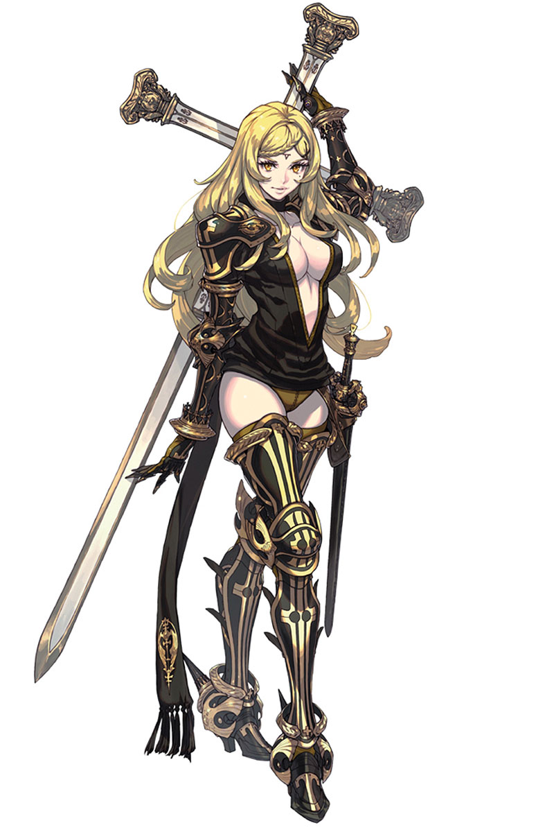 a female character with long blonde hair wearing ornate black and gold armor stands confidently against a white background. she holds a large sword casually across her shoulders. her armor is a combination of plate and mail, and leaves much of her chest and legs exposed. her pose suggests confidence and strength.