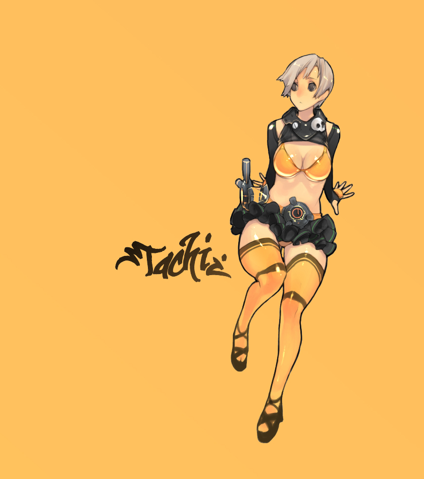 the image showcases a digital drawing of a young woman with short white hair styled in a pixie cut. she is dressed in a revealing outfit with a black and yellow color scheme, featuring a bikini top, a short skirt, thighhigh stockings, and arm gloves. she is seated against a solid orange background and holds a futuristic weapon by her side. the art style is reminiscent of japanese anime and manga, characterized by exaggerated features and dynamic posing. the artist's signature, "tachiz," is prominently displayed below the figure.