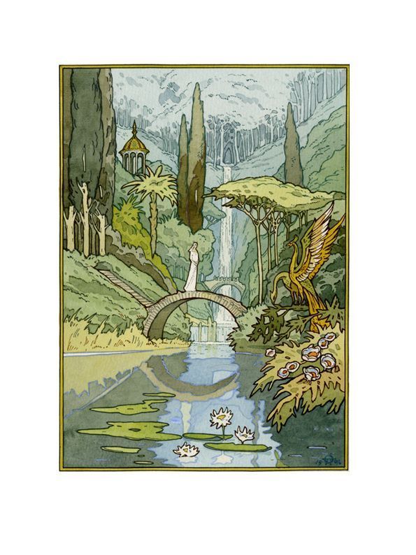 the image is a watercolor painting in the art nouveau style. it depicts a fantastical landscape featuring a serene river or pond with water lilies, a graceful arched bridge, and a waterfall cascading down a cliff face covered in lush greenery. tall cypress trees and palmlike trees frame the scene, adding to the idyllic atmosphere. a woman in a white robe stands on the bridge, adding a sense of scale. a majestic, phoenixlike bird is perched near the water's edge. the overall style is highly stylized and reminiscent of early 20thcentury illustration. the coloring is soft and muted with a predominance of greens and golds, adding to the dreamy and mystical quality.  a gazebolike structure is partially visible in the background amongst the trees.