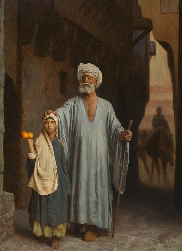 a painting depicts a man and a girl standing on a street. the man, wearing a turban and long robe, has his hand on the girl's head. she is holding three oranges in her left hand. in the background, a figure on a donkey is visible in a doorway. the scene is bathed in light and shadow, with architectural details of a middle eastern street.