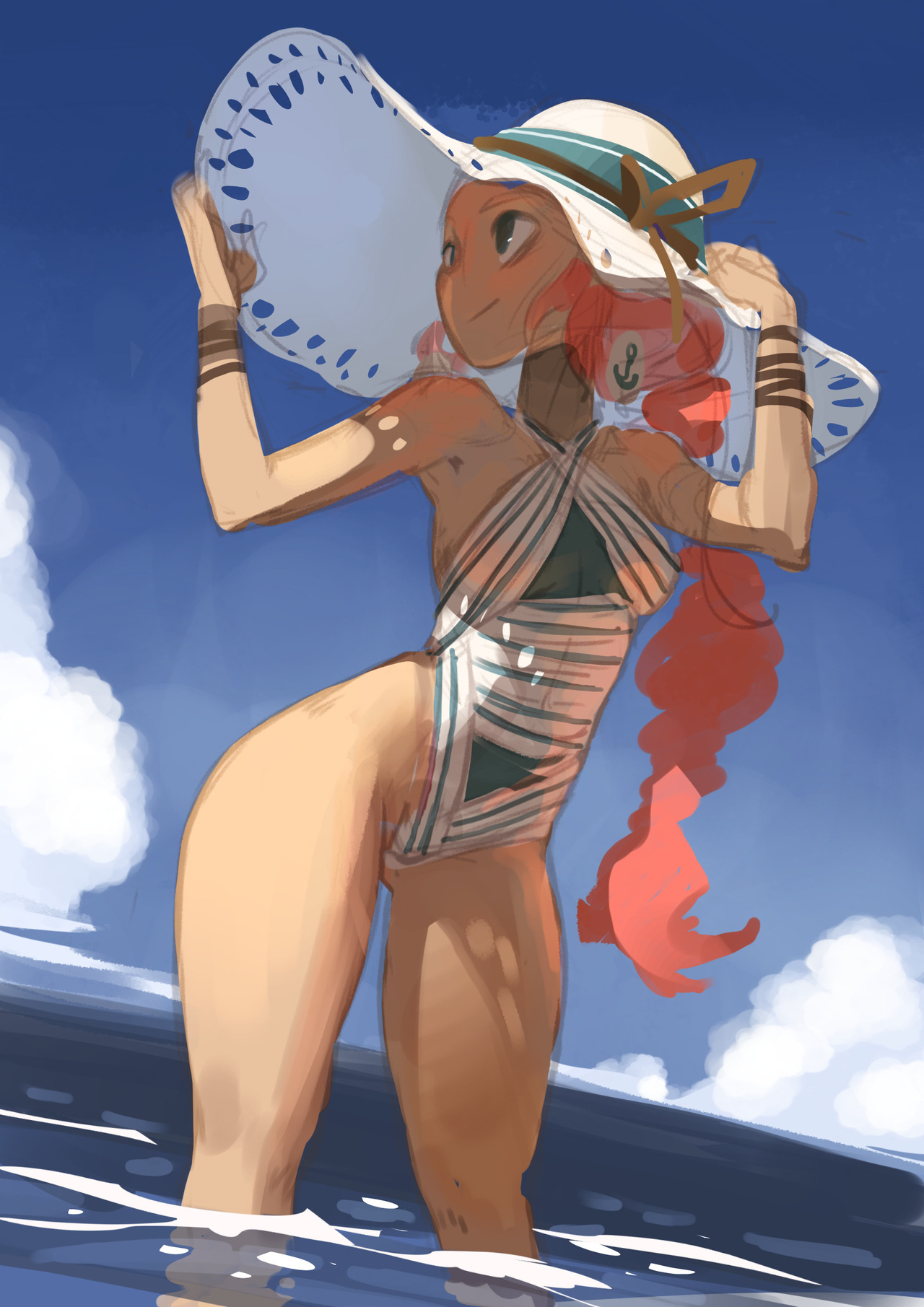 an animestyle drawing of a woman in a white and green striped swimsuit standing in the ocean. she is wearing a large white sun hat with a brown band and a red anchor tattoo on her arm. the woman is smiling and looking to her left, her long red hair trailing behind her. the sky is blue and has fluffy white clouds. the ocean is blue and has white waves.  the drawing is done in a digital art style.