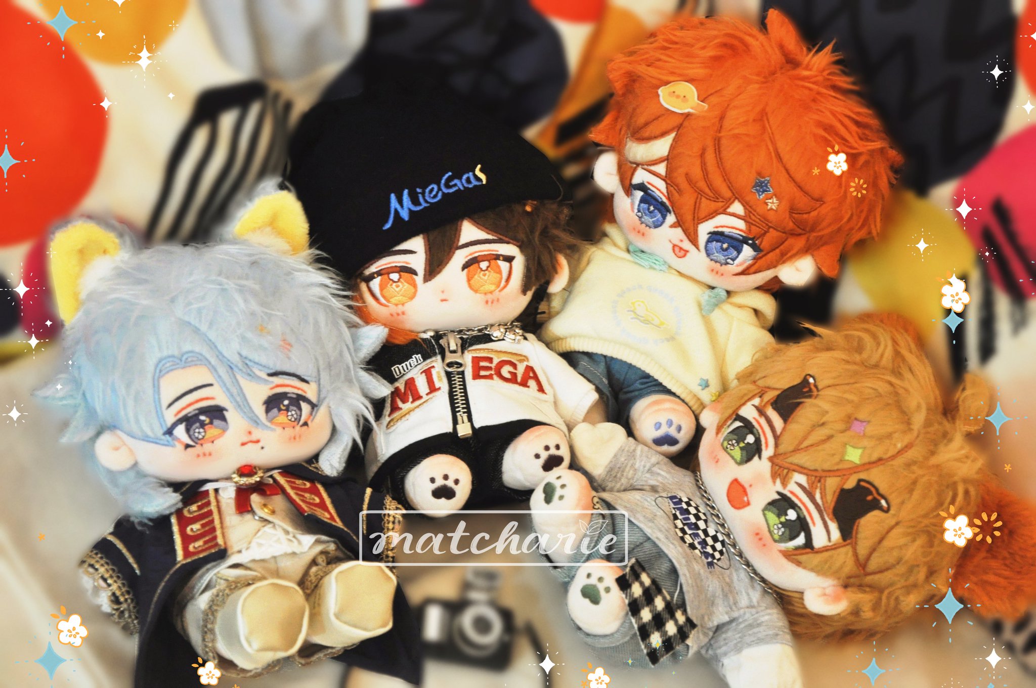 a group of four adorable plush dolls with animeinspired designs.  the dolls are dressed in different outfits, with each having a different style and personality.  the dolls are all smiling and looking happy, and they are huddled together in a hug, creating a sense of togetherness and friendship.  the plush dolls are made with soft, cuddly materials and are embroidered with intricate details. their big eyes and cute expressions make them irresistible to hug and cuddle. the image is filled with colorful, bright backgrounds and adorable details, capturing the joy and love that these plush dolls embody.