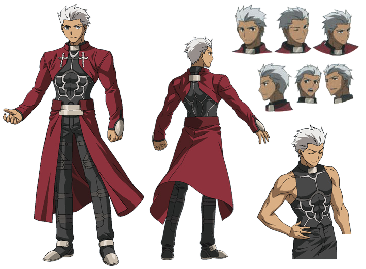 his image showcases a detailed character design sheet for an anime character, possibly from the fate series, resembling emiya shirou. it features multiple views of the character in different poses and expressions, including a frontfacing, backfacing, and several headshots with varying facial expressions. the character is depicted in a red priestlike coat and dark clothing, with white hair. the design incorporates elements of fantasy and a muscular physique, suggesting a character of action and power. the style is consistent with digital anime artwork, providing comprehensive views for animation or other visual media.