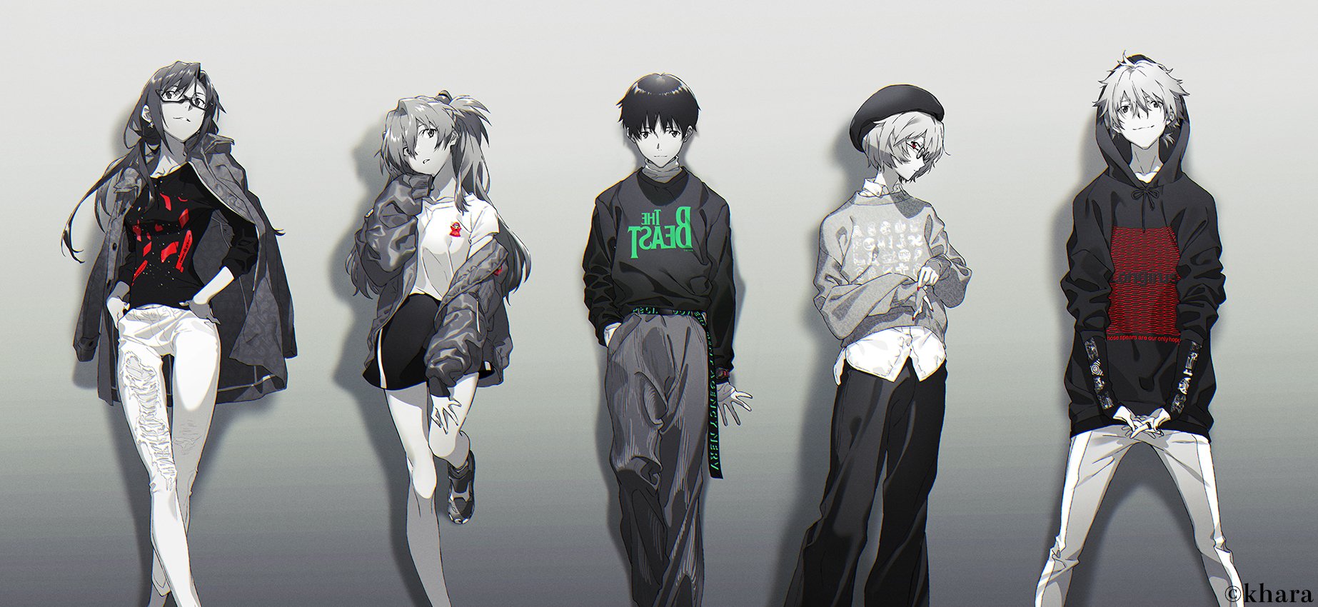 five anime characters are depicted in a stylized group portrait, wearing trendy streetwear against a minimalist gray background.  the style is reminiscent of fashion photography, with the characters adopting relaxed poses and showcasing their individual clothing details. the color scheme is predominantly black, white, and gray, with pops of red and green in their clothing and accessories.  the overall aesthetic is modern and edgy.