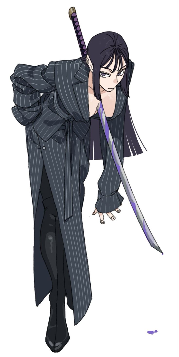 the image is a digital illustration of an animestyle female character. she is depicted wearing a dark gray pinstripe suit with a long, flowing coat.  her long black hair drapes down her back. she holds a katana (a long japanese sword) with a purpletinged blade. her expression is serious, and her pose is dynamic yet elegant, suggesting a sense of power and confidence. the overall style is a blend of fashionforward design and mangainspired character art.  the background is plain white, drawing focus to the character.