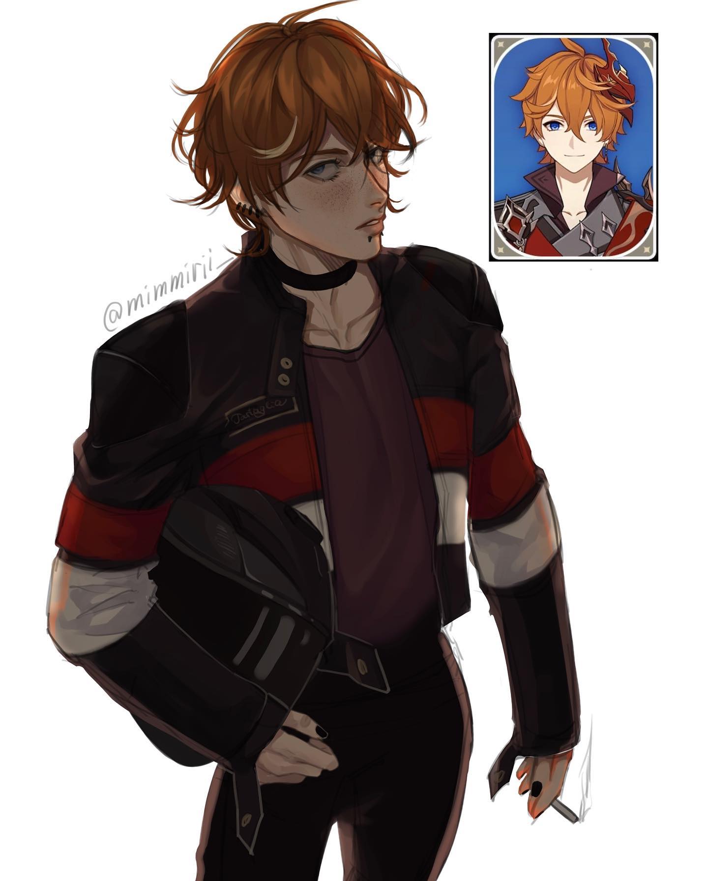 the image is a piece of fanart depicting thoma from the popular video game genshin impact. the art style is a blend of anime and realistic rendering, showcasing a more mature and alternative interpretation of the character. thoma is portrayed in casual attire, wearing a black and red motostyle jacket over a darkcolored shirt. he has his signature reddishbrown hair, and his facial features are detailed and expressive. he's shown holding a cigarette, adding to the mature and slightly rebellious tone of the artwork.  a smaller inset image in the upper right corner shows thoma's ingame sprite for comparison. the artist's watermark, "@mimmiti," is visible in the upper left. the overall composition is wellbalanced and showcases highquality digital painting techniques.