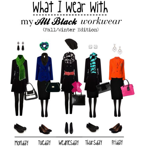 the image is a collage titled "what i wear with my all black workwear (fall/winter edition)." it showcases five different outfit ideas for a workweek, from monday to friday, using a core of allblack workwear. each outfit includes variations in outerwear (coats or blazers), scarves, jewelry, bags, and shoes. the outfits are styled with pops of color like green, blue, pink, orange, and turquoise, as well as black and white patterns.