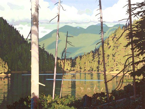 he image is a painting depicting a serene landscape.  the foreground is dominated by the trunks of several tall trees, some dead and bare, framing a view of a calm lake reflecting the surrounding scenery. the lake is relatively still, with subtle ripples visible on the surface. beyond the lake, there's a lush forest extending to the base of a range of mountains in the background. the mountains are mostly covered with coniferous trees, and the overall color palette is dominated by various shades of green, punctuated by the blues of the lake and sky. the sky is partly cloudy, adding depth and suggesting a peaceful, sunny day. the style of the artwork is realistic yet stylized, with a focus on capturing the light and color of the landscape. the painting evokes a sense of tranquility and the untouched beauty of nature.