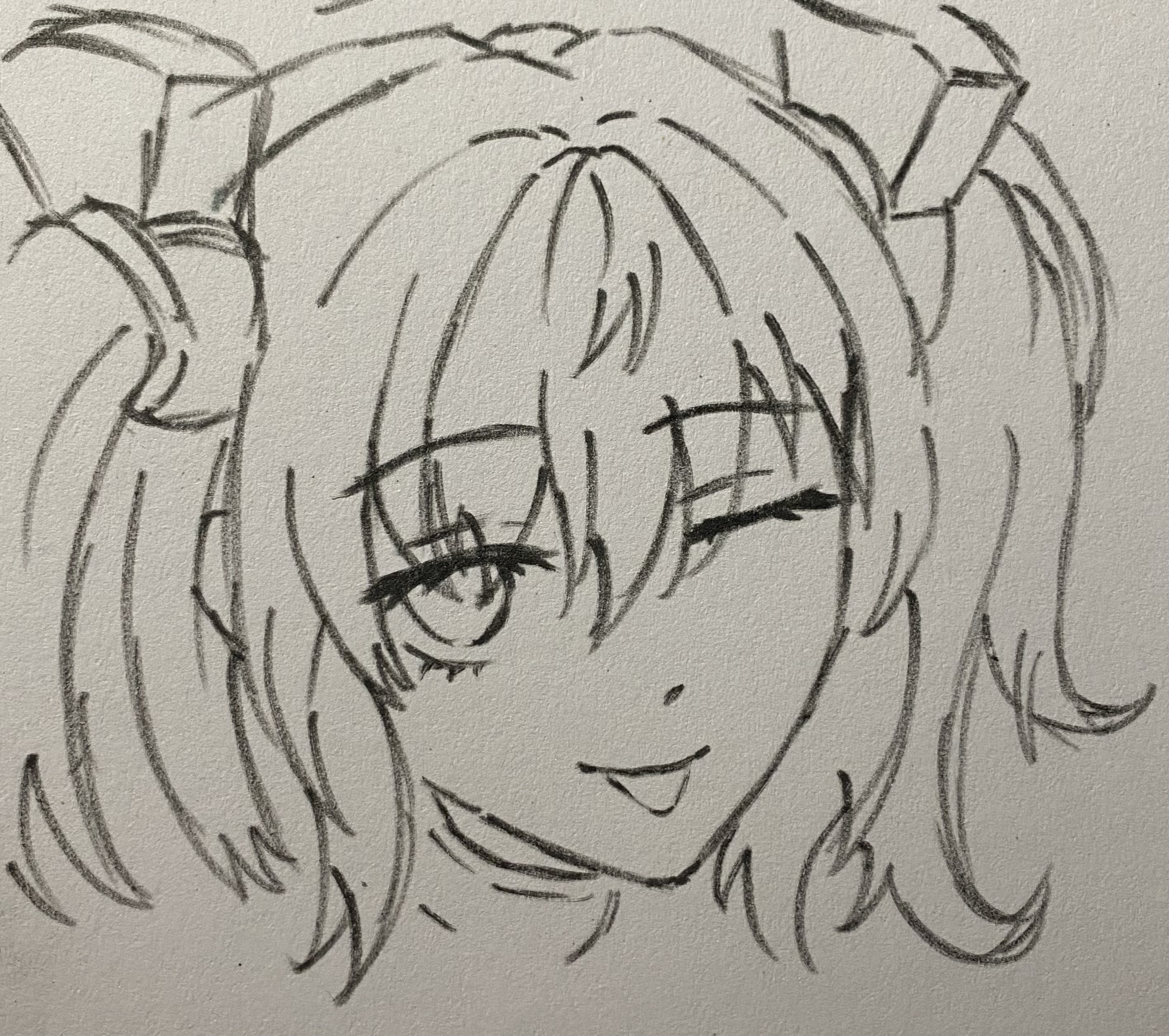 the image is a pencil sketch of an animestyle girl. she has short hair styled in pigtails with bangs that partially cover her forehead. her expression is playful, with one eye slightly closed and her tongue sticking out. the style is reminiscent of manga or chibi art, featuring exaggerated features and a simplistic yet expressive linework. the sketch is done in grayscale and appears to be a quick, spontaneous drawing, showing visible pencil strokes and shading.  the background is a plain white or offwhite surface.