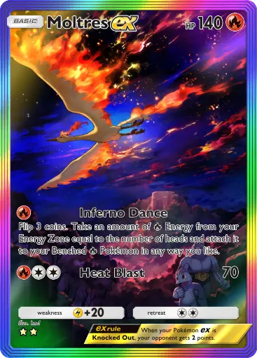 this is a custommade pokémon trading card featuring moltres ex.  the card is a basic type with 140 hp.  its attacks are "inferno dance," which allows the player to take fire energy from their energy zone based on coin flips, and "heat blast," which does 70 damage. the artwork depicts moltres in flight against a fiery, nighttime sky. the card also includes a standard weakness, resistance, retreat cost, and ex rule. the card has a holographic border.