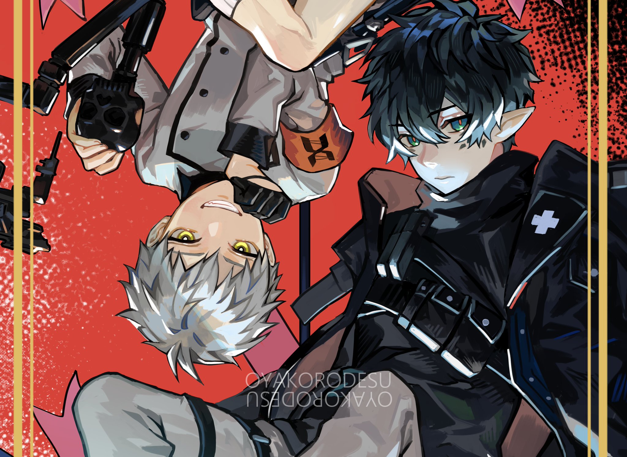 an anime illustration of two boys facing each other in a fighting pose. one boy is wearing a black jacket and has blue hair. the other boy is wearing a white and gray shirt with a red x on it. the boys are both holding guns, the background is red.