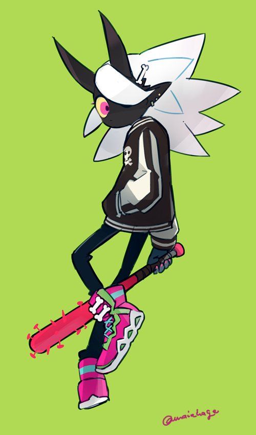 the image shows an original character design of a rabbit girl with a single eye. she has white fur and black skin, with long, pointed ears and a spiky hairstyle. she is wearing a black and white varsity jacket, black pants, and brightly colored sneakers. she is holding a studded baseball bat with a pink glow emanating from the studs. the background is a plain bright green. her pose is relaxed but alert, with one leg slightly raised and resting on the bat. the overall style is cartoonish with exaggerated features.
