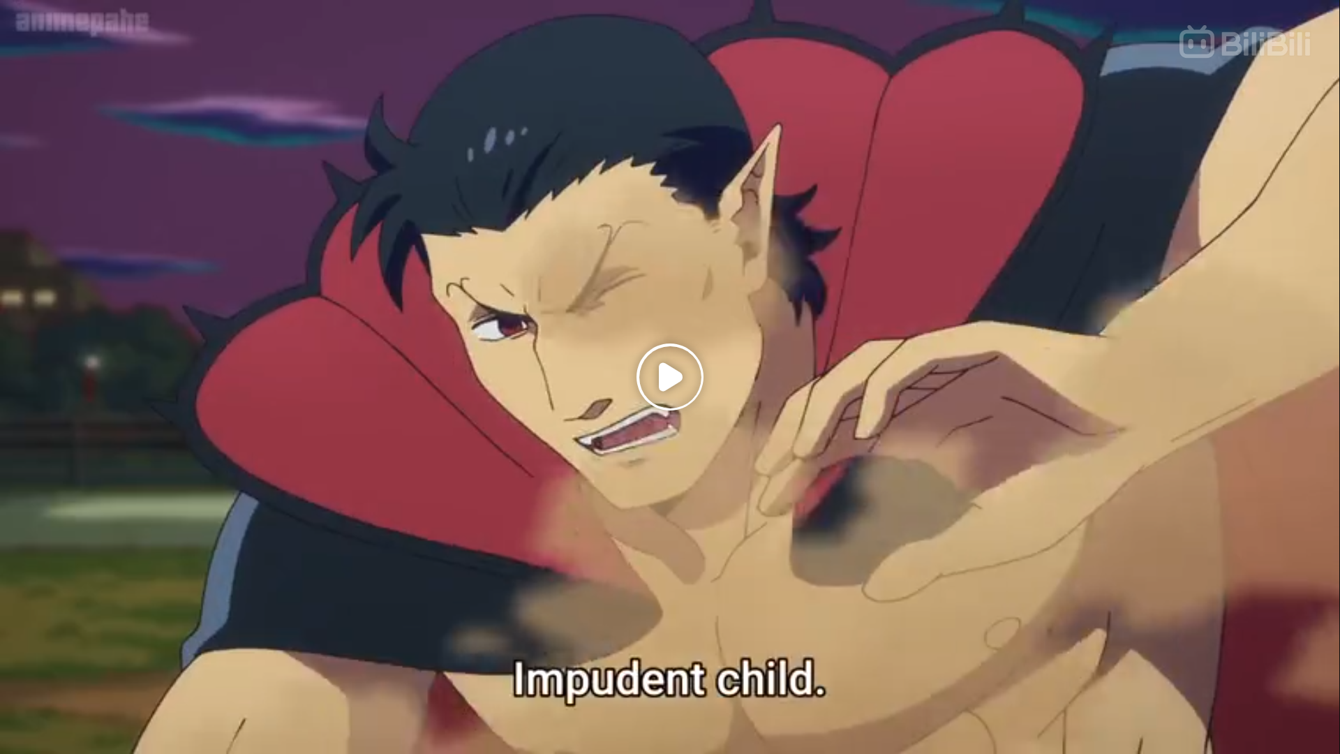 the image shows a muscular anime man with short black hair, pointed ears, and red eyes. he has fangs and is wearing a black and red vampirelike collar. he appears to be annoyed, and his expression and body language suggest he is in the middle of a fight. there's dust in the air around him. the background suggests it's nighttime and the text "impudent child" implies he's talking to someone younger than him.  the overall color palette is dark and muted.