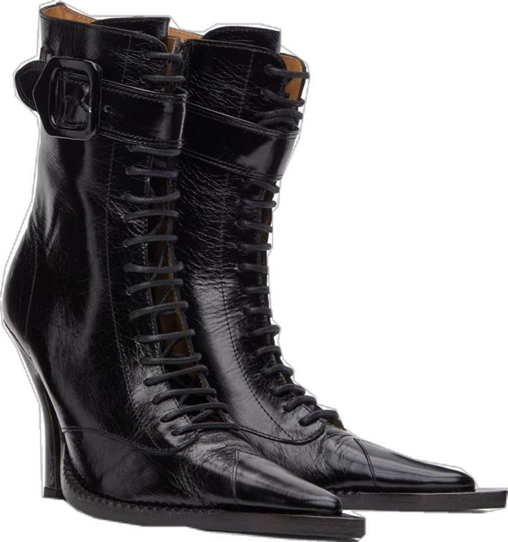 the image showcases a pair of women's black leather boots.  they are anklehigh with a pointed toe and a stiletto heel. the boots feature a laceup closure up the front, with a buckle detail at the top. the leather appears to have a slightly textured or pebbled finish.  the boots are shown at a slight angle, with one boot partially overlapping the other, highlighting the pointed shape and heel. the overall style is elegant yet edgy.