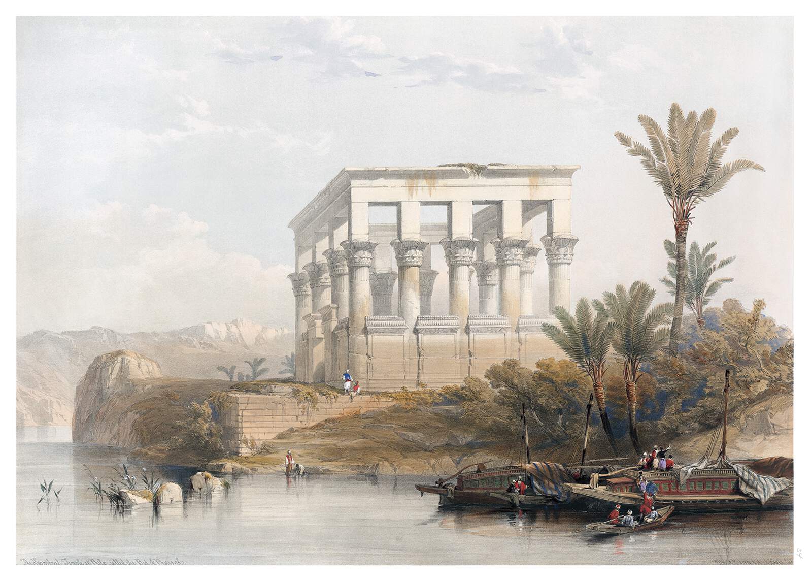 the image depicts an old lithograph painting of a temple in egypt. the temple is a square structure with many columns, overlooking a river. several boats are docked near the temple, with people on board and around the boats. the surrounding landscape includes palm trees, vegetation, and rocky terrain. there are people also near the base of the temple. in the background, there are mountains and a hazy sky. the overall style is reminiscent of historical travel prints or paintings.
