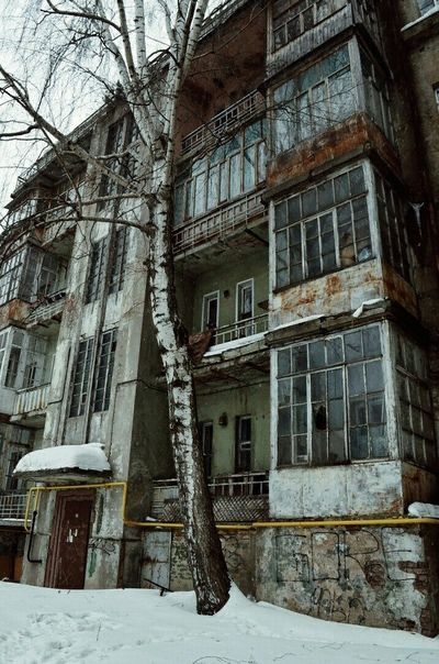 the image shows a dilapidated, multistory apartment building covered in snow.  the building appears abandoned, with broken windows, rusty balconies, and peeling paint. a large birch tree grows partially embedded in the building's side.  the overall aesthetic suggests urban decay and neglect, possibly in a postsoviet country. graffiti is visible on the lower portion of the building's exterior. the scene is set in winter, with snow on the ground and bare branches on the tree. the building's architecture hints at a historical period, possibly from the soviet era.