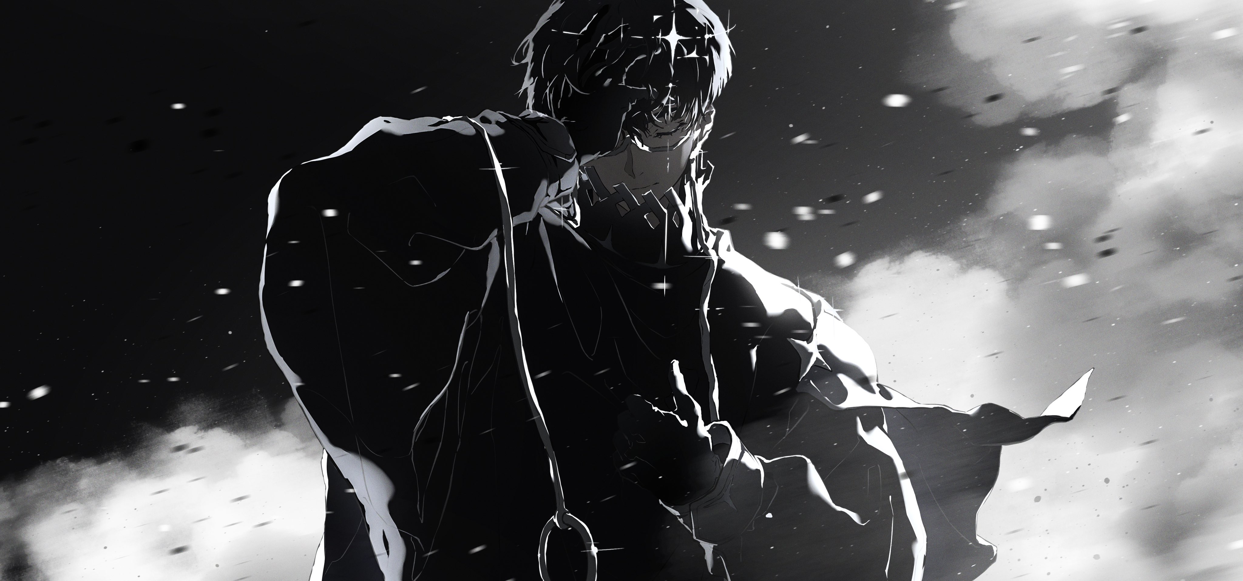 a stylized monochrome illustration of a male character in a dark cloak. the image has an atmospheric feel with a sense of mystery and drama. the character is partially obscured, adding to the intrigue.
