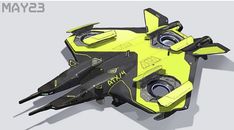 the image is of a sleek, futuristic spaceship, likely inspired by science fiction. it features a predominantly black and yellow color scheme and is shown in an aerial, slightly tilted perspective to showcase its design. the ship has a complex structure with various components that suggest advanced technology, including prominent circular elements on its upper surface, likely engines or energy sources, and sharp, angular wings.