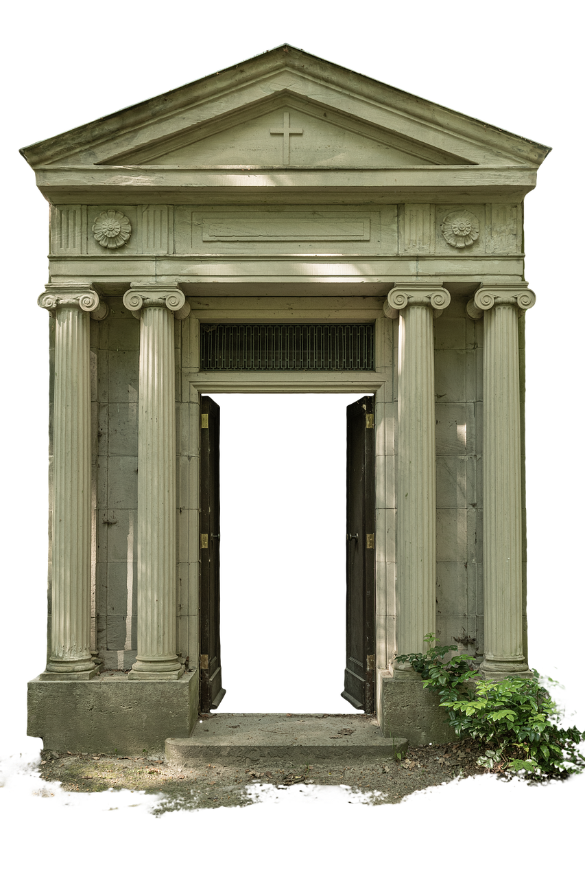 a white stone mausoleum with an open doorway and flanking columns, set against a black background. there are steps leading up to the entrance and some greenery on the right side.