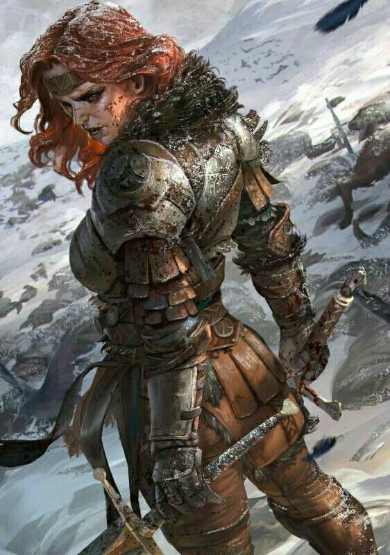 the image depicts a redhaired woman in armor standing in a snowy landscape. she appears to be a warrior, holding a sword, possibly after a battle. she has a fur collar and is wearing weathered armor. the background shows a snowy landscape, suggesting a cold and harsh environment. the style resembles an illustration or digital painting.