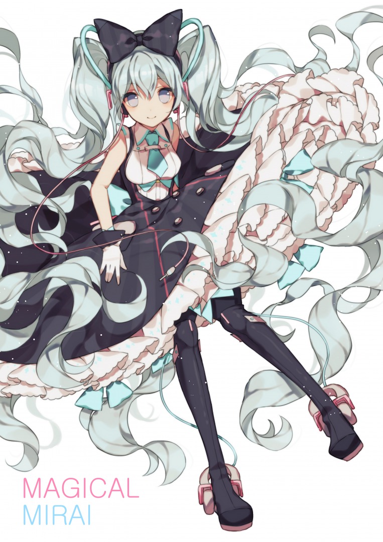 an anime girl with long green hair, wearing a black and white dress with a pink bow and blue bow. she is wearing black boots and has blue eyes. the background is white. the text "magical mirai" is written at the bottom of the image.