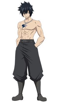 this is a digital art piece featuring an anime male character, gray fullbuster, from the popular manga and anime series "fairy tail". the character is drawn in a standing pose with his shirt off, showcasing his muscular physique. he's wearing black pants and boots. he has a black necklace with a blue pendant, a symbol associated with the fairy tail guild. the background is plain white, emphasizing the character and his details.