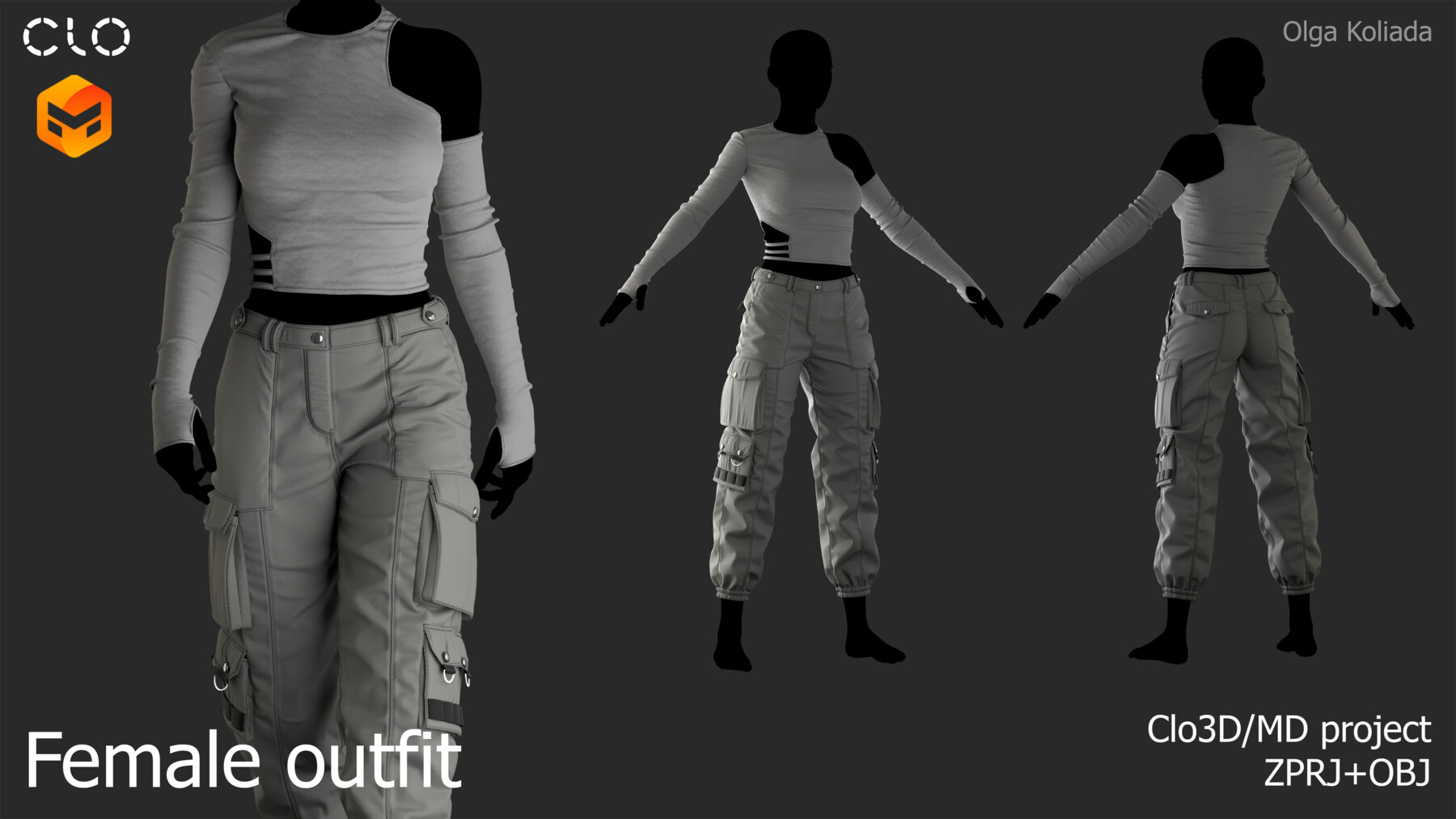 this is a 3d model of a woman wearing a grey outfit. the outfit includes a longsleeved, cropped shirt and cargo pants. the model is posed in three different views. the background is grey.