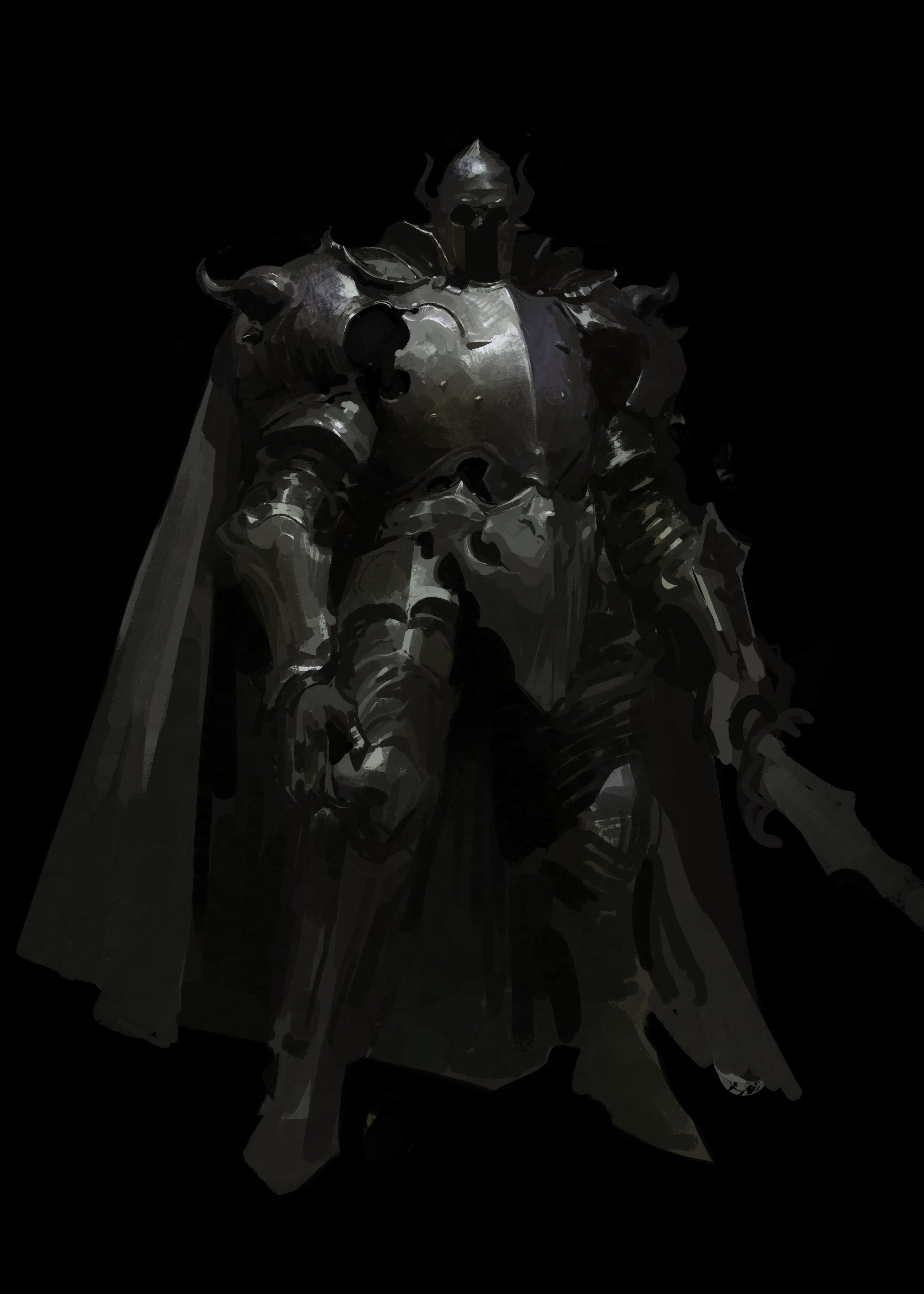 a dark knight stands in shadow, his helmet and armor obscuring his face. he is armed with a large sword and wears a flowing cape. he is depicted in a dramatic pose. the artwork is done in a gothic style and is full of mystery and intrigue.