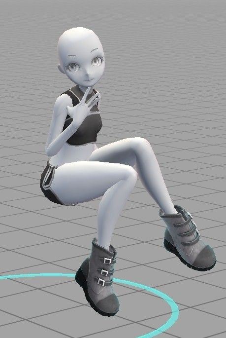 a 3d rendered anime girl is sitting with her legs crossed. she is wearing a white top and gray boots. she is in a pose that looks like she is looking down and thinking. the background is a gray tiled floor.