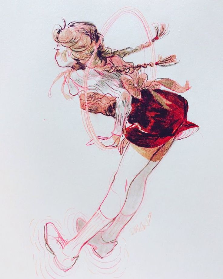 a colorful drawing of a girl jumping with a hoop, with her legs stretched out in midair. the drawing is done in ink, colored pencil and watercolor on white paper. she has long brown hair tied in braids, a red skirt, white socks, and black shoes. her face isn't drawn, and the drawing has a cartoonish, almost anime style.