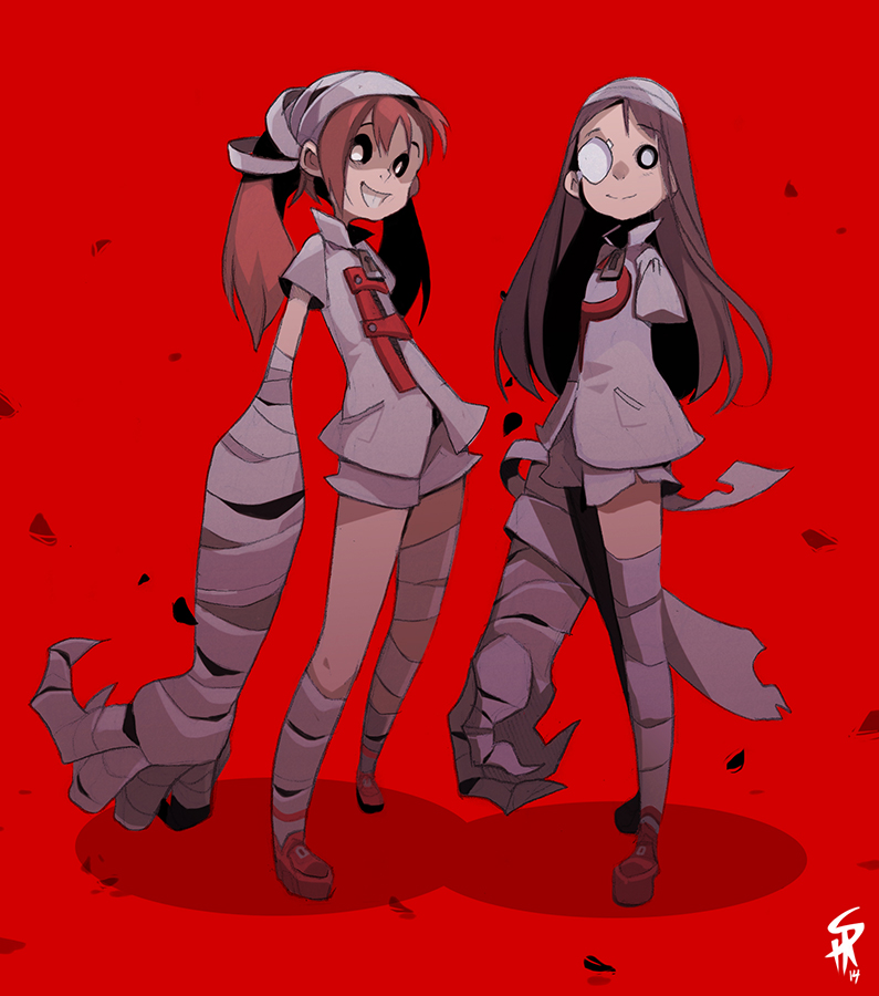 this is a fan art illustration of two young female characters against a solid red background. they both have bandages wrapped around their heads and limbs and are wearing shortsleeved white coats. the girl on the left has reddishpink hair tied in pigtails and is smiling with her eyes wide open, while the girl on the right has black hair past her shoulders, is wearing an eyepatch, and has a neutral expression with large eyes. the bandages on their arms extend into long, dynamic shapes. the style of the illustration is reminiscent of anime and cartoons.  the overall effect is both cute and slightly creepy.