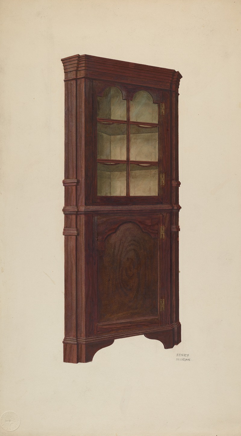 a watercolor drawing of a corner cabinet made of wood with glass shelves. the cabinet has an upper section with glass doors and shelves, and a lower section with a wooden door. the cabinet is dark brown in color and has a traditional design. the background is a light beige color.