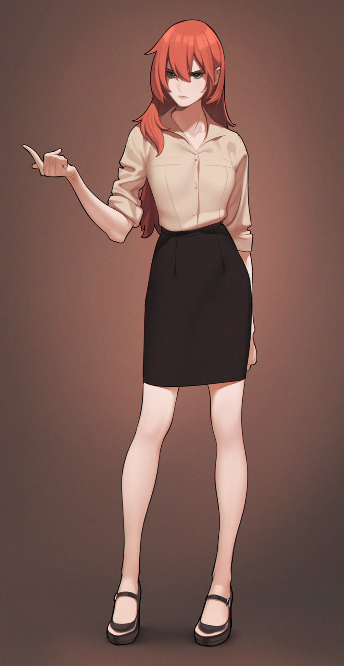 the image showcases a digital illustration of a young woman with vibrant red hair styled in a flowing manner. she is dressed in semiformal attire, sporting a light beige buttondown shirt and a sleek black pencil skirt. her footwear consists of black mary jane shoes that complement her outfit. the woman is positioned against a muted brown background and is captured in a fullbody shot from a frontal perspective. she adopts a poised stance, extending her right hand with her index finger subtly pointed. the illustration employs soft lighting and smooth shading techniques, resulting in a polished and aesthetically pleasing depiction.