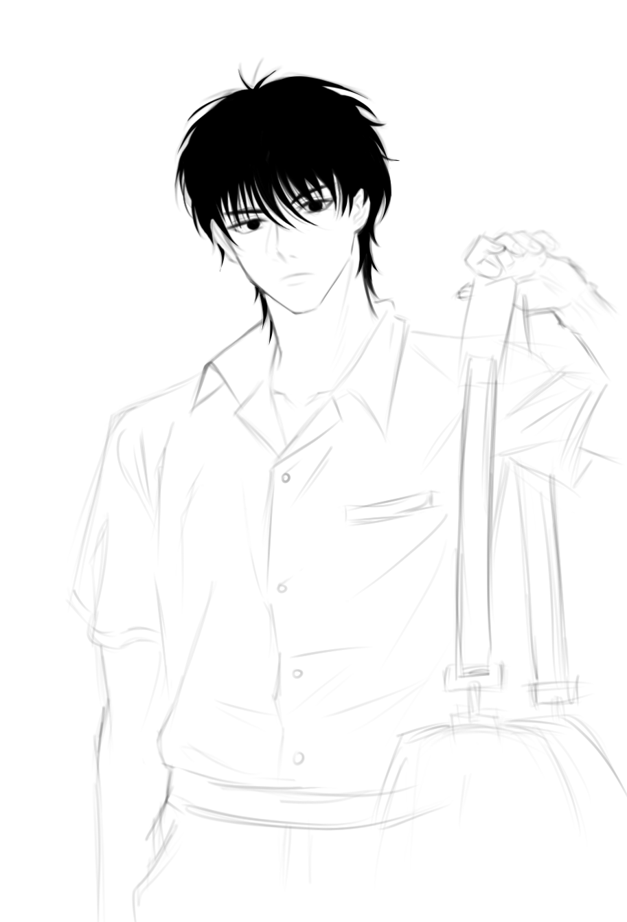 a pencil sketch of an animestyle young man.  he has short, black hair and is wearing a casual buttondown shirt. he's carrying a shoulder bag over his shoulder, and his expression is neutral or slightly serious. the style is reminiscent of manga art, with clean lines and shading suggestions. the sketch is in grayscale.