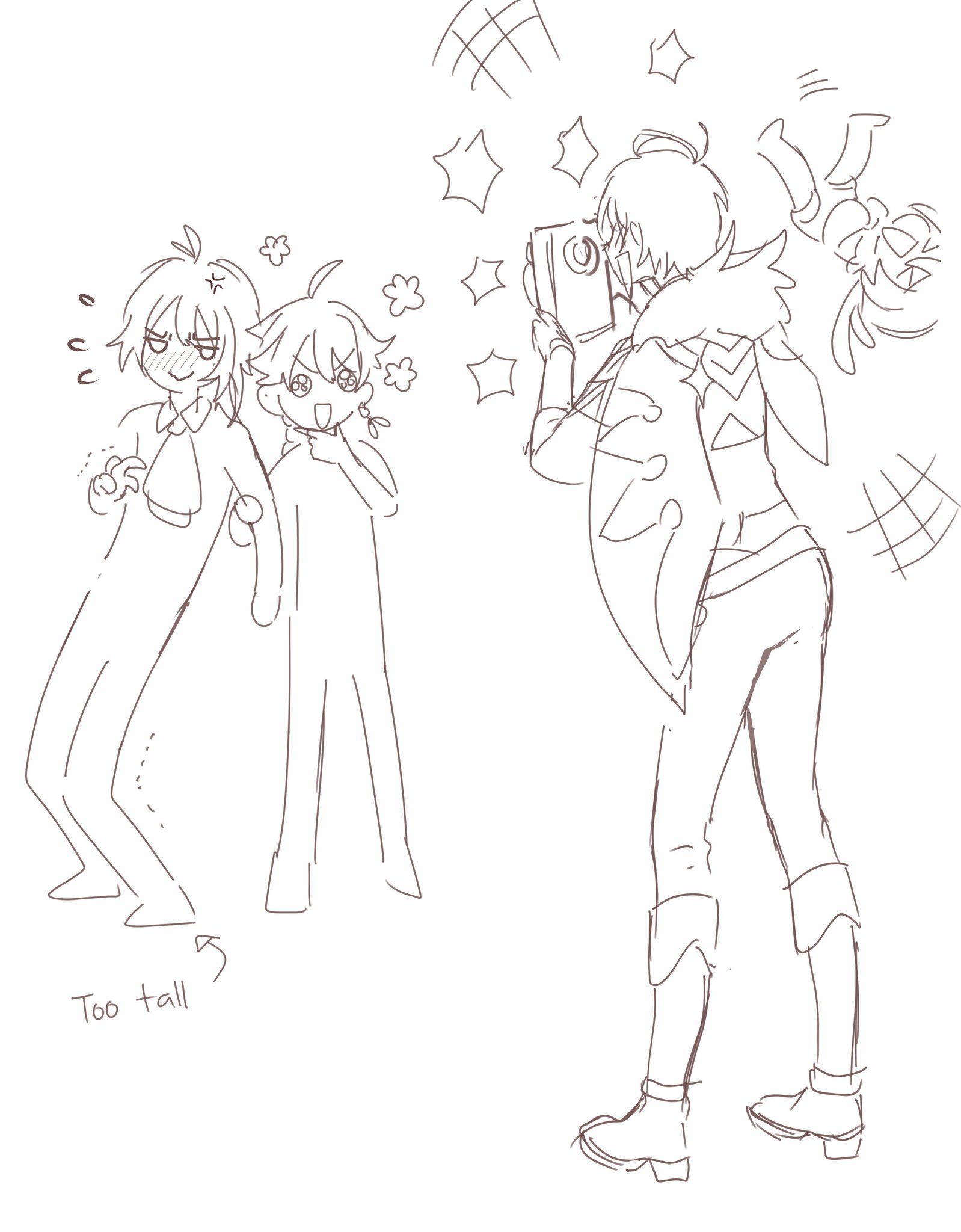 the image is a simple, handdrawn anime style illustration of three characters. the character on the right is a girl with brown hair who is taking a selfie with a camera in front of her face. she is smiling, and her hair is pulled back in a ponytail. the two characters to the left of her are two boys. one is short with blond hair, and he's smiling as he poses next to the tall boy. the tall boy with black hair is looking directly at the camera with a slight frown, and his hands are in his pockets. there is a small scribbled note underneath the tall boy that says "too tall." the background is simple and white, and the characters are outlined in black.