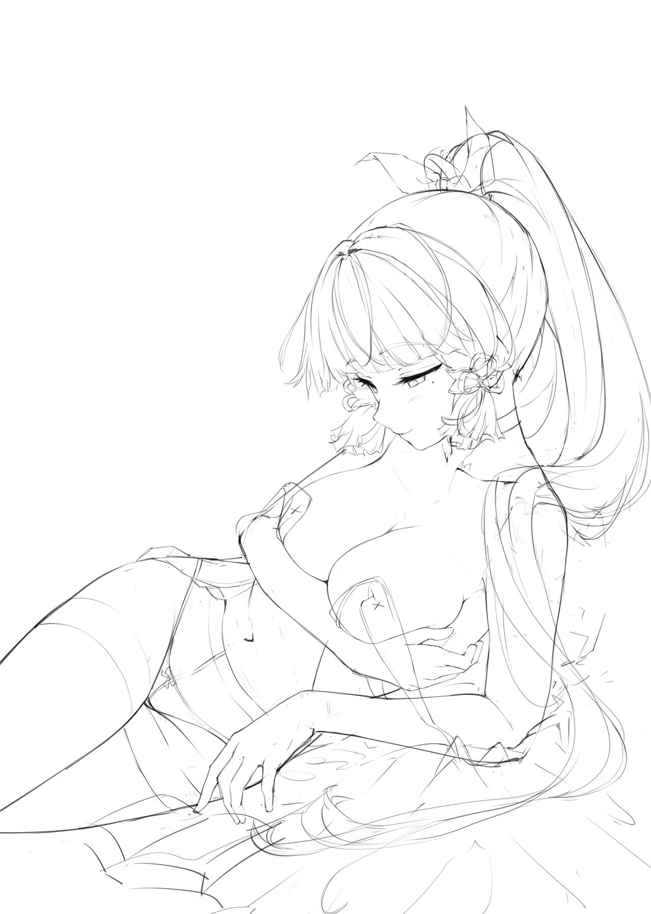 the image is a black and white sketch of a young animestyle woman with long, flowing hair tied in a ponytail. she is lying down on her side, partially draped in clothing, and her pose is somewhat sensual and suggestive. the sketch is highly detailed and emotive, with a focus on soft lines and delicate shading. the overall impression is one of beauty, elegance, and gentle sensuality.