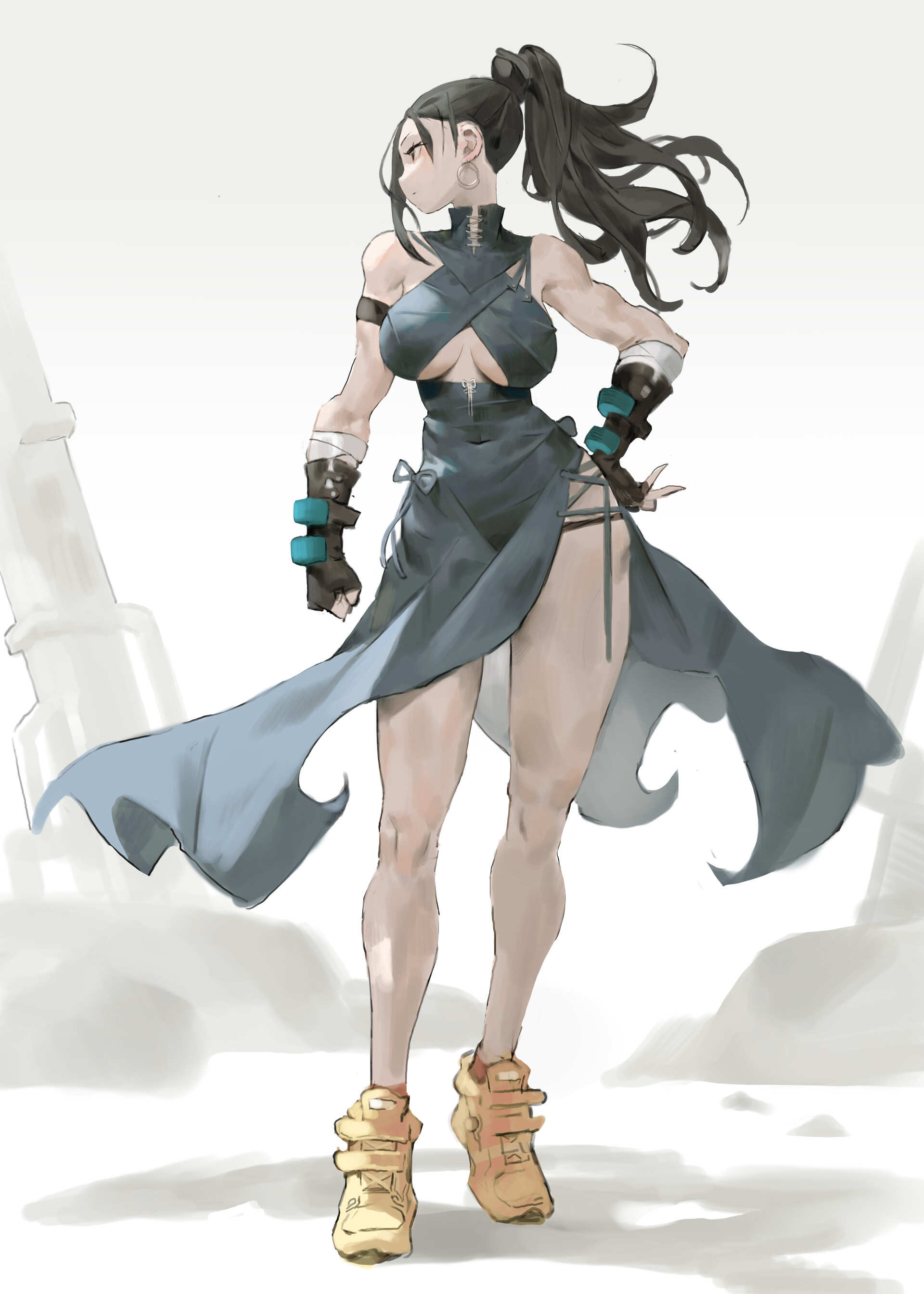 a stylized digital illustration depicts a muscular woman with dark hair pulled into a ponytail, wearing a teal dress with a high slit. she stands in a dynamic pose with her legs visible, highlighting her toned physique. she is wearing tancolored sneakers. the background is minimalist, suggesting a stylized or abstract environment. the art style is reminiscent of anime or manga.