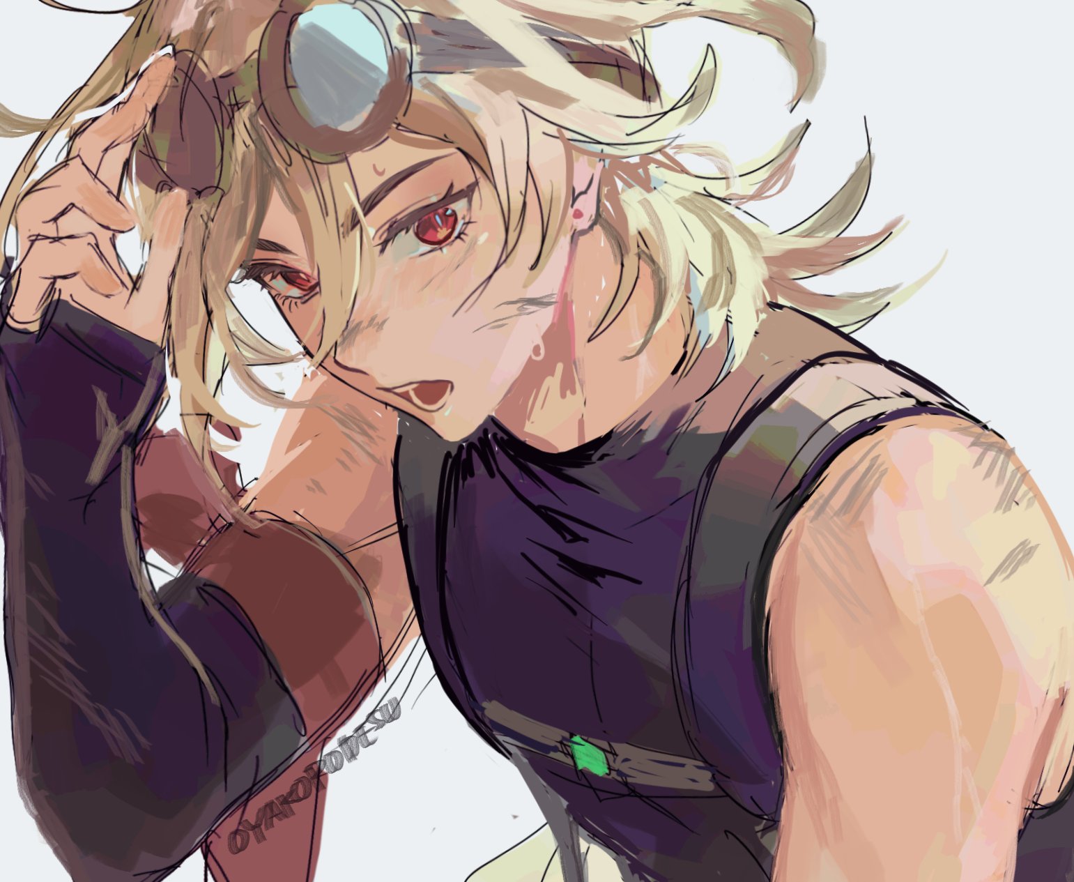 this is a digital illustration of an anime character with blonde hair and green eyes, wearing a sleeveless shirt and goggles. the character has a slightly surprised expression,  with the eyes wide and head tilted slightly, and is looking forward.  the background is a blurred white.